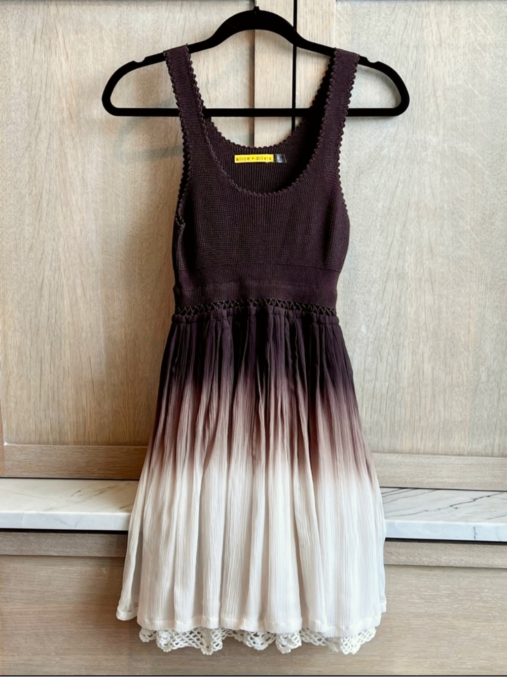 ALICE + OLIVIA Tula Silk Ombre Dress XS Brown Cream Crochet Lace Boho Resort - Picture 16 of 16